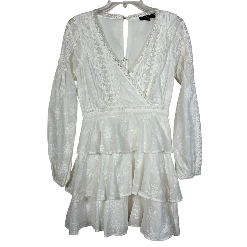 Lulus White Eyelet Lace Long Sleeve Ruffle Skirt Plunge Neckline Dress Bridal S